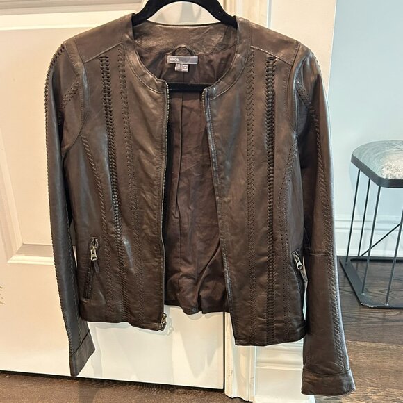 BROWN-OLIVE GREEN VINCE LEATHER JACKET WITHH STITCHING DETAIL, Size Small - Picture 1 of 9